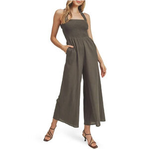 LUSH SMOCKED‎ TIE BACK WIDE LEG JUMPSUIT IN MOSS NWOT WOMEN'S SIZE SMALL